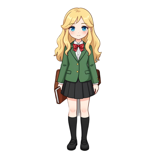 1girl, elizabeth, long wavy blonde hair, blue eyes, gentle expression,  small petite figure, school uniform, green blazer with buttons,  white shirt with collar, red bow tie with pattern,  black pleated skirt above knee, black knee-high socks,  black shoe