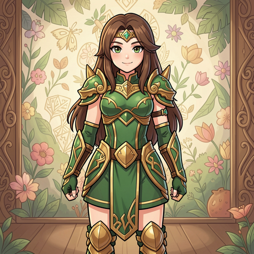 garota healer armadura verde com dourado roupas curtas 