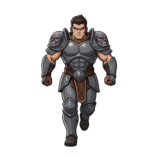 guerreiro estilo berserk com armadura cada lado da armadura tem um rosto de um titan, fazendo ele correndo em 6 posição diferente de lado