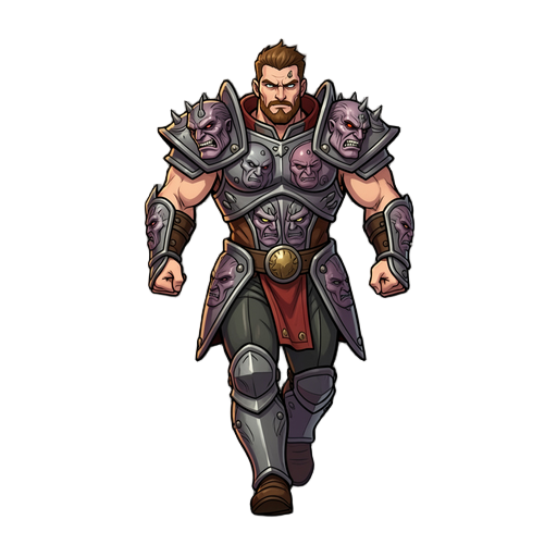 guerreiro estilo berserk com armadura cada lado da armadura tem um rosto de um titan, fazendo ele correndo em 6 posição diferente de lado