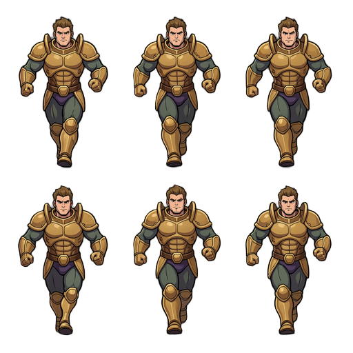 guerreiro com armadura de titan, fazendo ele correndo em 6 posição diferente 