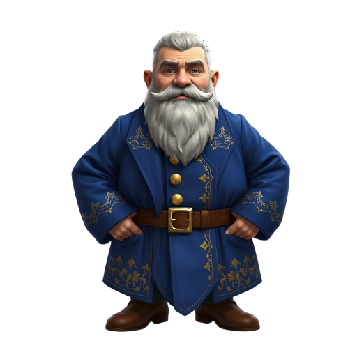 a full-body high top-down perspective of a stout dwarf with short, coarse grey hair and a meticulously groomed, square-cut white beard. he wears a luxurious, long royal blue coat featuring a stiff, high-standing collar and intricate gold-thread embroidery