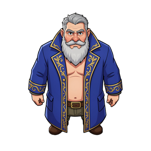 a full-body high top-down perspective of a stout dwarf with short, coarse grey hair and a meticulously groomed, square-cut white beard. he wears a luxurious, long royal blue coat featuring a stiff, high-standing collar and intricate gold-thread embroidery
