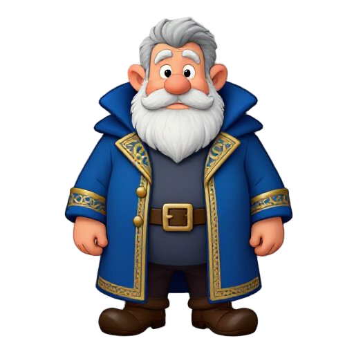 a full-body high top-down perspective of a stout dwarf with short, coarse grey hair and a meticulously groomed, square-cut white beard. he wears a luxurious, long royal blue coat featuring a stiff, high-standing collar and intricate gold-thread embroidery