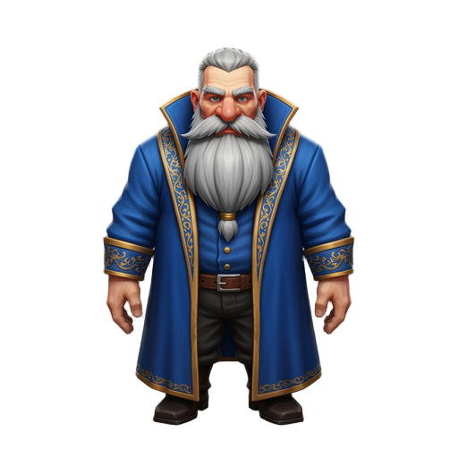 a full-body high top-down perspective of a stout dwarf with short, coarse grey hair and a meticulously groomed, square-cut white beard. he wears a luxurious, long royal blue coat featuring a stiff, high-standing collar and intricate gold-thread embroidery