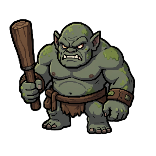chibi pixel-art cave troll boss, huge and bulky, mossy grey-green skin, giant wooden club, fierce, imposing, much larger than the heroes, 3/4 top-down view, thick dark outline, soft shading, transparent background