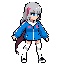 apply the costume design from the character sheet (blue track jacket,  clear harness, pink x appliques, white ruffled collar, white leg warmers)  onto the pixel art character while maintaining the exact same pixel art style,  sprite size, side-view pose, 