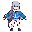 apply the costume design from the character sheet (blue track jacket,  clear harness, pink x appliques, white ruffled collar, white leg warmers)  onto the pixel art character while maintaining the exact same pixel art style,  sprite size, side-view pose, 