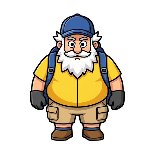 protagonist , internet technician, facing south directly toward the camera in sidescroller game perspective.  - this is the canonical idle frame. - grasso, simpatico, barba bianca folta con tante punte bianche di media lunghezza ricorda un po wario ma pos