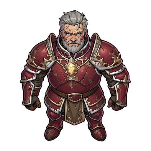 character: khael, an old veteran knight, a wise mentor and guardian figure. aged but strong, with a weathered dignified face, stern wise eyes, grey/silver hair and a well-kept grey beard, and old battle scars. he wears ornate battle-worn knight's armor in