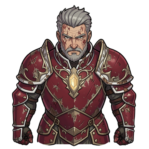 character: khael, an old veteran knight, a wise mentor and guardian figure. aged but strong, with a weathered dignified face, stern wise eyes, grey/silver hair and a well-kept grey beard, and old battle scars. he wears ornate battle-worn knight's armor in