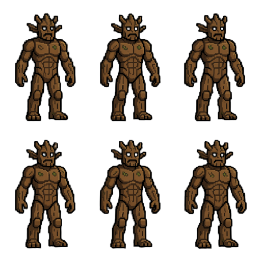 create an 8-frame pixel art walk cycle sprite sheet of a forest guardian treant. style: retro rpg pixel art, 128x128 pixels per frame, clean readable silhouette, hand-crafted pixel art, no ai blur, no painterly effects. character: - wooden golem made of 1