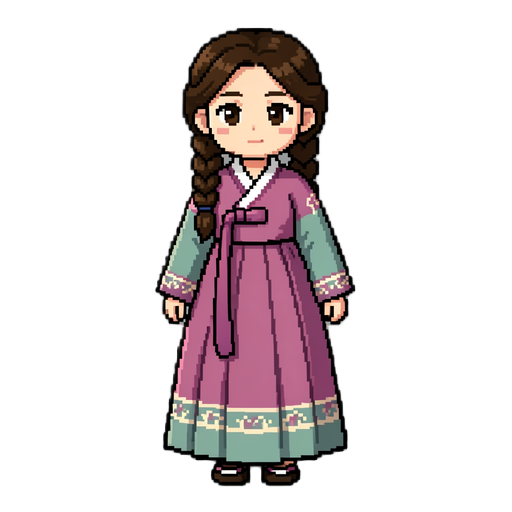 young girl. old korean traditional clothes. hanbok. braided hair. pixel art.