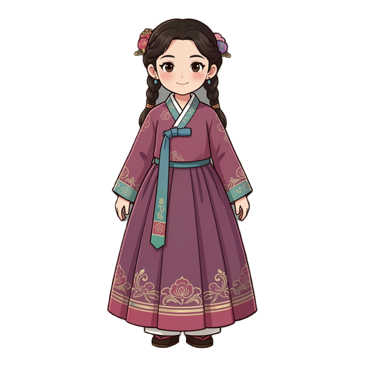 young girl. old korean traditional clothes. hanbok. braided hair.