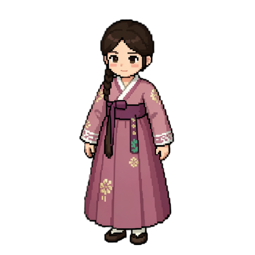 young girl. old korean traditional clothes. hanbok. one braided hair. pixel art.
