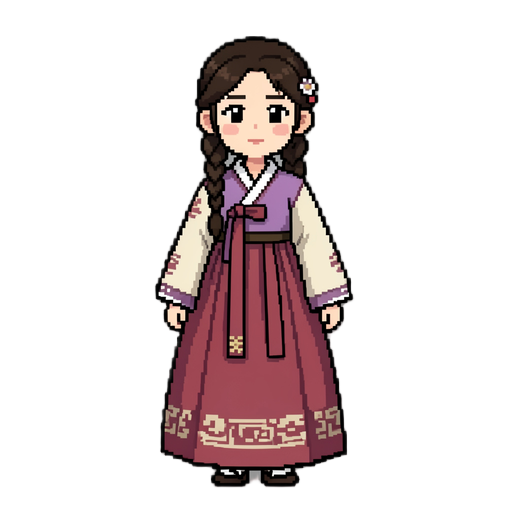 young girl. old korean traditional clothes. hanbok. one braided hair. pixel art.