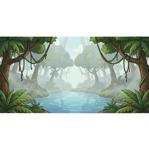 2d platformer game background, amazon rainforest, river, tropical trees, vines, foggy, flat illustration style, game art, wide panoramic, **perfectly mirrored horizontally, left-right symmetrical composition, seamless horizontal tiling**