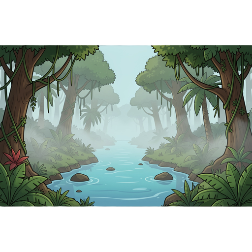 2d platformer game background, amazon rainforest, river, tropical trees, vines, foggy, flat illustration style, game art, wide panoramic