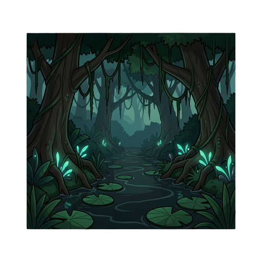2d side-scrolling platformer game background, amazon rainforest at dusk, dark dense jungle, massive trees with thick roots, murky dark river water, giant lily pads, hanging moss and vines, bioluminescent plants glowing faintly, deep shadows, dark green an