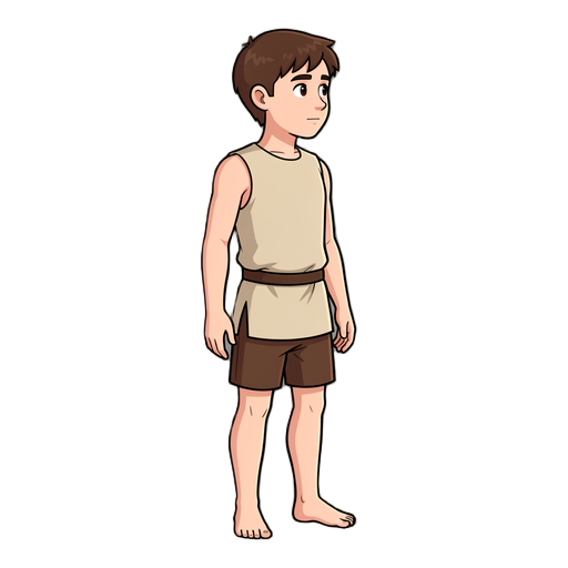 2d game character sprite, young heroic warrior, side view facing right, full body, standing in a neutral relaxed pose, arms at sides, empty hands, bare-headed with short brown hair, wearing only a plain sleeveless beige undertunic and brown shorts, barefo