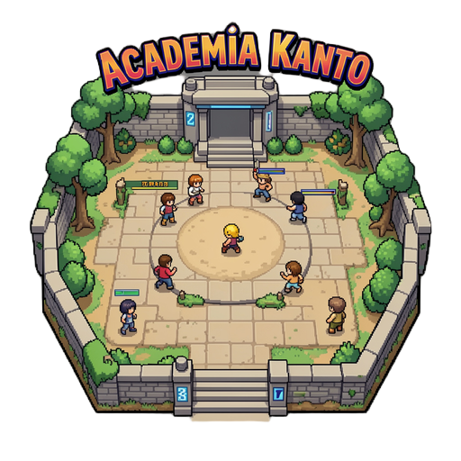 create a professional top-down pixel art battle arena for a pokémon gba-style rom hack called "academia kanto".  style requirements: - authentic game boy advance pokémon aesthetic. - inspired by pokémon firered, emerald and hgss, but with completely origi
