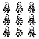 create an 8-frame pixel art walk cycle sprite sheet of small weak skeleton monster.style:pure white bones, glowing purple eyes, medieval fantasy rpg pixel art, 128x128 pixels per frame,clean readable silhouette,hand-crafted pixel art, no ai blur, no paint