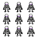 create an 8-frame pixel art walk cycle sprite sheet of small weak skeleton monster.style:pure white bones, glowing purple eyes, medieval fantasy rpg pixel art, 128x128 pixels per frame,clean readable silhouette,hand-crafted pixel art, no ai blur, no paint