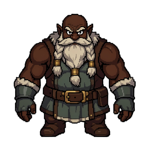 crie uma sprite sheet de um guerreiro anão negro (afrodescendente), robusto e musculoso, em estilo pixel art de alta qualidade (32-bit), mantendo a proporção e o nível de detalhamento de rpgs clássicos. o personagem possui uma barba cheia e bem cuidada, o