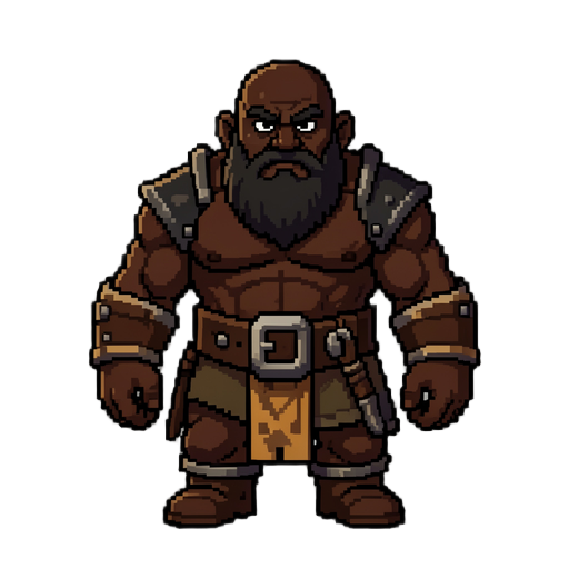 crie uma sprite sheet de um guerreiro anão negro (afrodescendente), robusto e musculoso, em estilo pixel art de alta qualidade (32-bit), mantendo a proporção e o nível de detalhamento de rpgs clássicos. o personagem possui uma barba cheia e bem cuidada, o