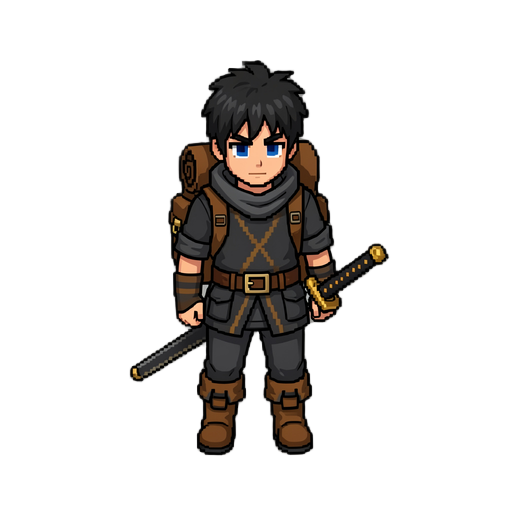 - identical pixel art style - identical pixel size and density - identical shading technique - identical color palette - identical proportions - identical facial expression style - identical clothing details - identical backpack design - identical sword a
