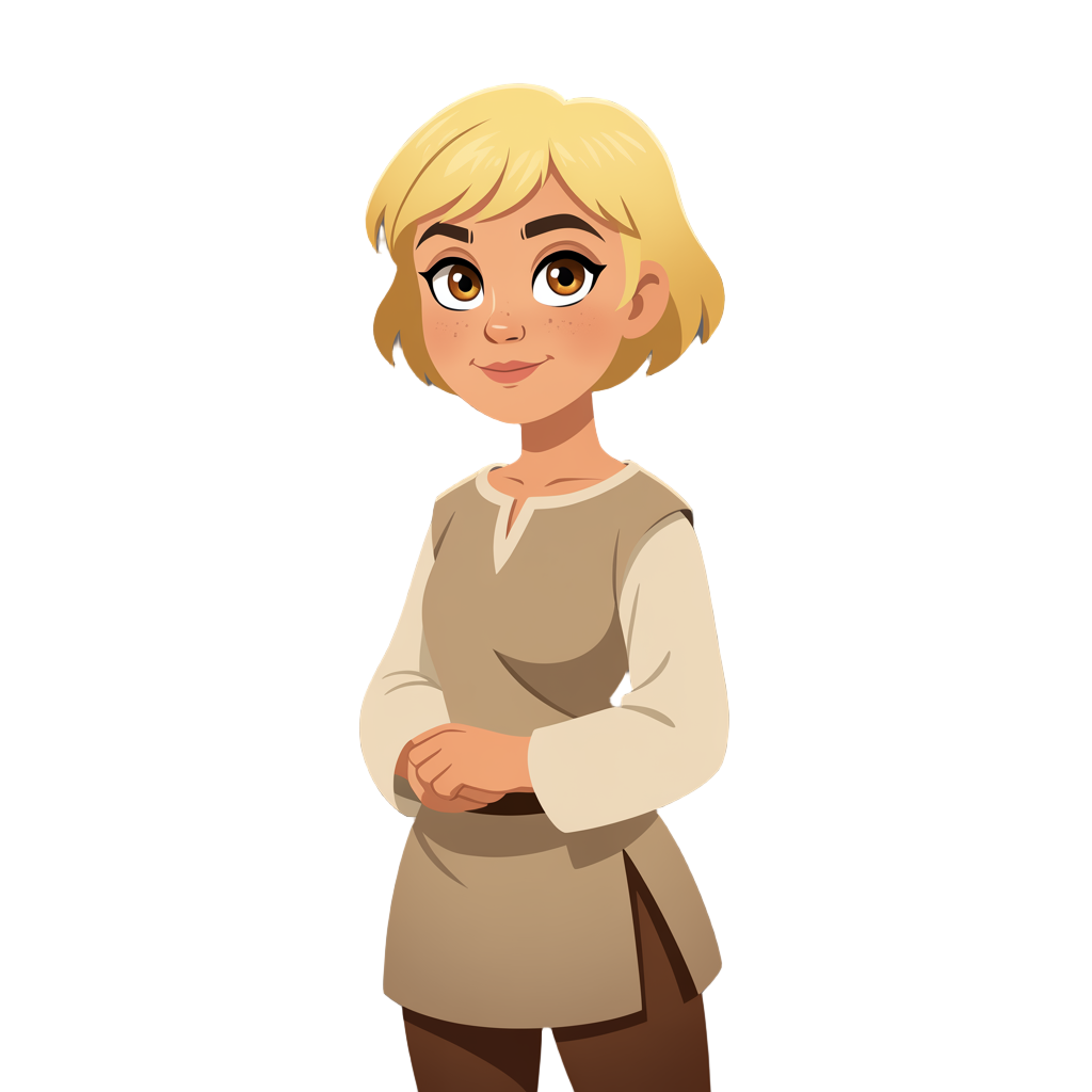 short hair, blonde hair, middle-class medieval clothing, american eyes