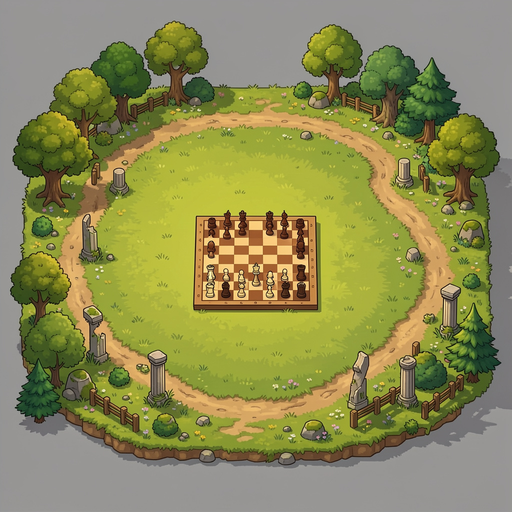 pixel art game background, lush green meadow arena viewed from slightly above, open grassy field in the center for a chess board, decorated border of oak trees, pine trees, bushes, mossy boulders, wildflowers, wooden fences and broken ancient stone column