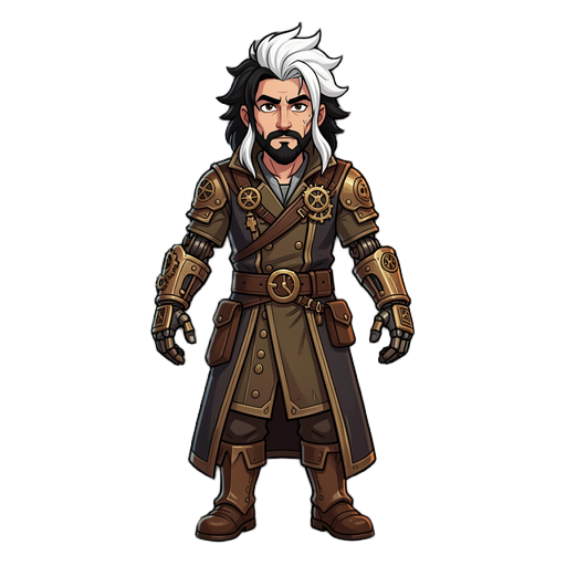 crea un personaggio che è un mago steampunk con braccia robotico capelli neri e bianchi che trasmetta saggezza