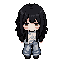 young woman in cozy gothic academia style, depicted in high-quality pixel art. she has long, slightly messy straight black hair with full bangs that partially cover her eyebrows, pale skin, and soft warm brown eyes. her expression is calm, gentle, and sli