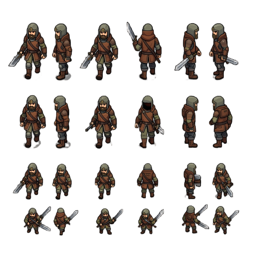 2d top-down rpg character sprite sheet, pixel art style, 16-bit retro game aesthetic. clean white background, organized grid layout. character: [описание персонажа, оружия и одежды].   row 1: top-down perspective walking animation. 4 frames for walking do