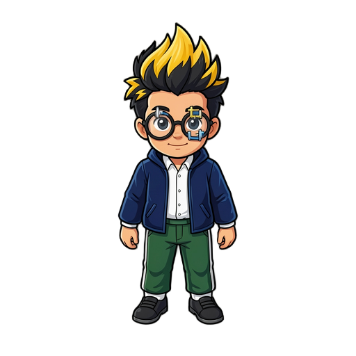 menino escolar, de calça verde, camisa branca, casaco aveludado azul com capuz, topete engraçado amarelo e preto, oculos esquisito aparencia nerd