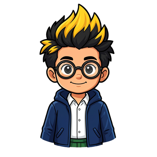 menino escolar, de calça verde, camisa branca, casaco aveludado azul com capuz, topete engraçado amarelo e preto, oculos esquisito aparencia nerd