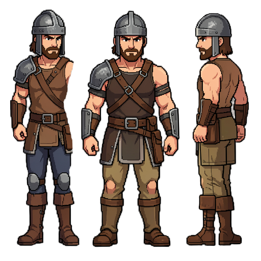 create a professional 2d pixel art spritesheet for a side-scrolling idle rpg.  character: a brave human warrior.  appearance: - male - around 30 years old - strong athletic build - brown short hair - short beard - determined expression - light skin  equip