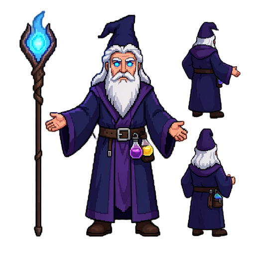 create a professional 2d pixel art spritesheet for a side-scrolling idle rpg.  character: a powerful wizard.  appearance: - elder male - white beard - long white hair - blue glowing eyes  equipment: - large magical staff - long robe - belt with potions - 