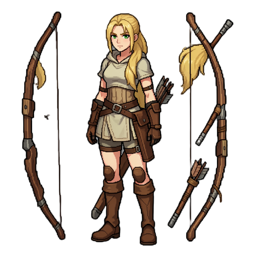 create a professional 2d pixel art spritesheet for a side-scrolling idle rpg.  character: a female ranger.  appearance: - athletic - long blonde ponytail - green eyes - light leather armor - hood down - calm and focused  equipment: - long wooden bow - qui