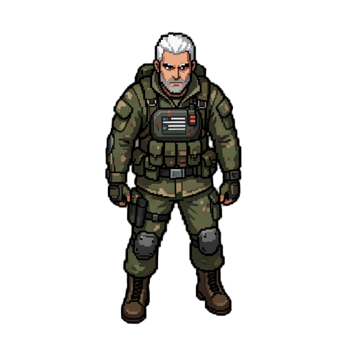 pixel art style mercenary soldier white hair 2080 pos apocalypse vibe