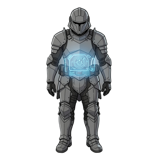 full body character design of an elite sci-fi trooper wearing a sleek, angular matte grey tactical suit and helmet, standing in a front/forward-facing orthographic pose. the character is holding an advanced, non-threatening holographic control device in a