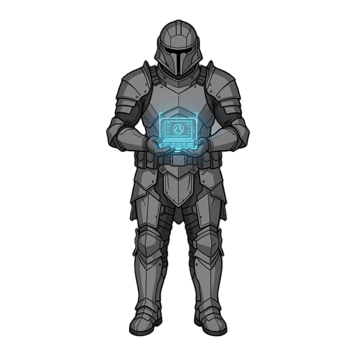 full body character design of an elite sci-fi trooper wearing a sleek, angular matte grey tactical suit and helmet, standing in a front/forward-facing orthographic pose. the character is holding an advanced, non-threatening holographic control device in a