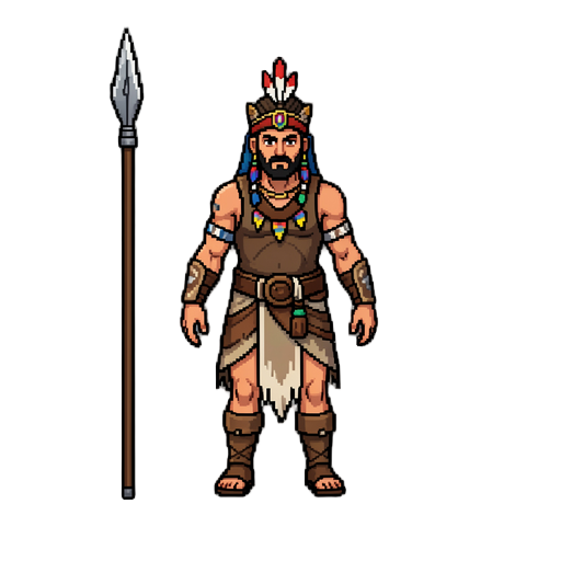 create a high-resolution 2d top-down pixel art spritesheet of an indigenous warrior character using a spear. the style must be high-quality, very sharp, and extremely crisp with clean black outlines and highly visible details, exactly matching the detaile