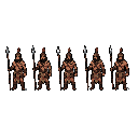 create a 2d side-scrolling pixel art spritesheet of an indigenous warrior character using a spear, designed for a top-down view game. the image must be a single horizontal row sequence containing exactly 8 animation frames, aligned side by side on a flat 