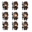 create a 2d top-down view pixel art spritesheet of an indigenous warrior character using a spear, in a cute chibi style with a big head and small body, matching the exact cute proportions of the tiny swords asset pack. the image must be a single horizonta