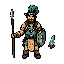 create a high-resolution 2d top-down pixel art spritesheet of an indigenous warrior character using a spear. the style must be high-quality, very sharp, and extremely crisp with clean black outlines and highly visible details, exactly matching the detaile