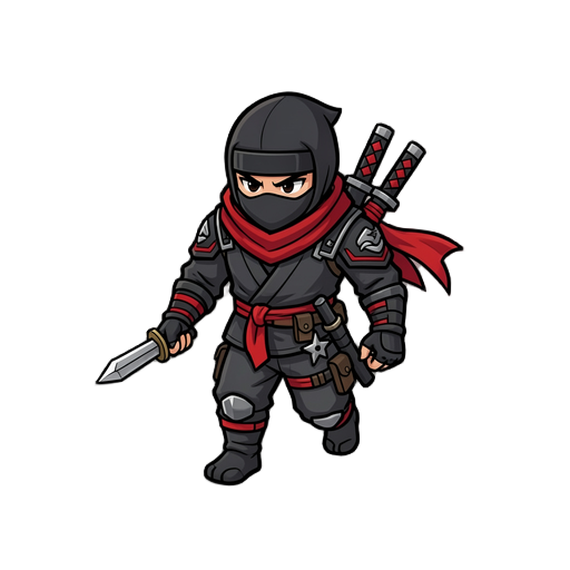 crie um personagem de um ninja espião e ja crie a animação dele andando e dando espadada nos outros
