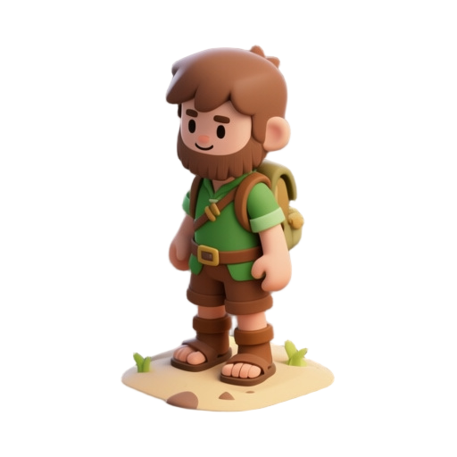character description: young survivor/adventurer, light beard, short brown hair, simple cute face, green shirt, brown shorts or pants, boots or sandals, small backpack, friendly appearance, island explorer vibe.