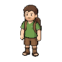character description: young survivor/adventurer, light beard, short brown hair, simple cute face, green shirt, brown shorts or pants, boots or sandals, small backpack, friendly appearance, island explorer vibe.